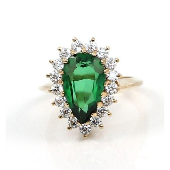 Solid 10K Yellow Gold Pear Cut Green Spinel Clear Round CZ Halo Cocktail Ring 6
